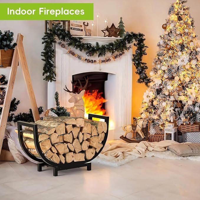 Dicasser Firewood Rack Outdoor and Indoor Firewood Storage, 24 INCH Double Coated Fire Wood Organizer, Waterproof Rustproof Stable Log Holder and Fireplace Decor, Black