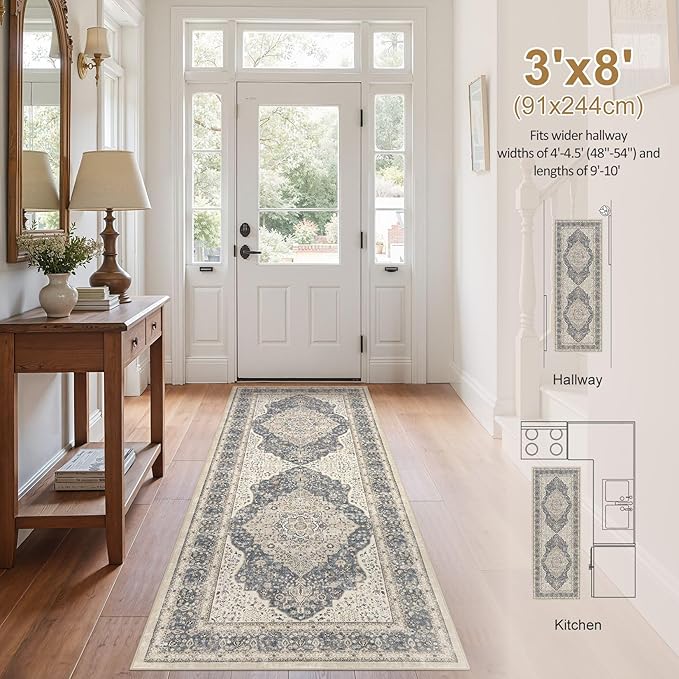 Washable Rug 3x8 Hallway Runner Rug-for Entryway Bedroom Kitchen Room Corridor Decor -Stain & Fade Resistant Non Slip Backing Carpet,Ultra-Thin Vintage Long Carpets(Blue/Beige)