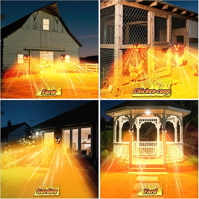 2 Pack Solar Racoon Repellent Outdoor Devices with Dynamic Flashing Lights, Effective Coyote, Raccoon, Skunk, Deer & Hawk Deterrent-Waterproof Predator Light for Chicken Coop, Garden, Farm