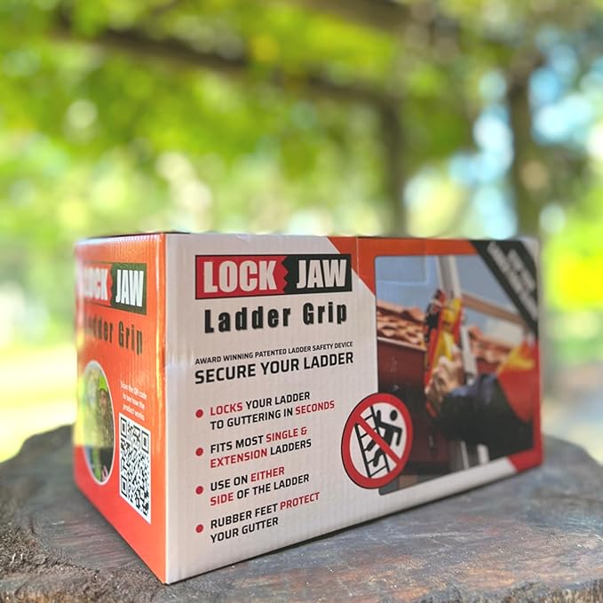 Lock Jaw Roof Ladder Stabilizer Hook for Gutter - Standoff in 5 Seconds with Slide-Lock Security - Prevent Aluminum Ladders Top Movement & Falls - Award-Winning Extension Ladder Accessories for Roof