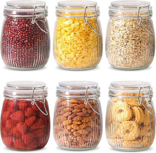 ComSaf Airtight Glass jar with lid 25oz Set of 6, Glass Storage Containers with Lids, Glass Canister, Mason Jars, Striped Clip Fastening Jar for Kitchen Canning, Oat, Coffee, Pasta, Snack, Nut, Candy