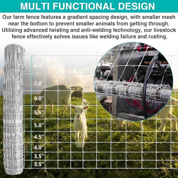 Farm Fence 4FT x 100FT, Heavy Duty Livestock Fence, Galvanized Welded Wire Fence for Deer, Cattle, Goat, Hog, Sheep, Animals and Field Protection