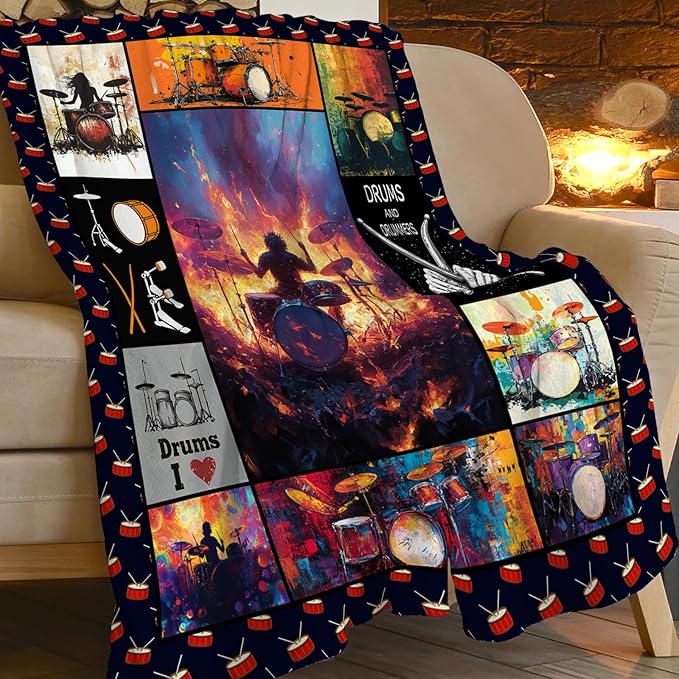 Music Blanket,Drums Set Throw Blanket, Rock Music Gifts Blankets Stuff Fleece Flannel Plush for Girls Women Men Boys Lovers Adults Soft Bedding Gift for Sofa Bed Office Home Decor 60"x50"