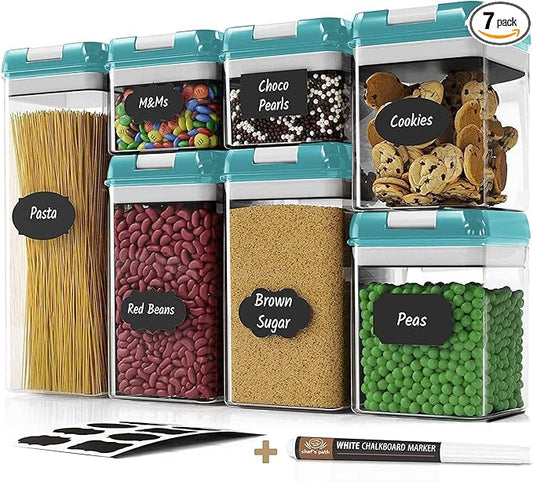 Airtight Food Storage Containers for Pantry Organization & Storage - 7 PC Pantry Organizer Plastic Containers for Food with Flip Lock Lids - Stackable Sugar Container & Food Storage Canisters (Teal)