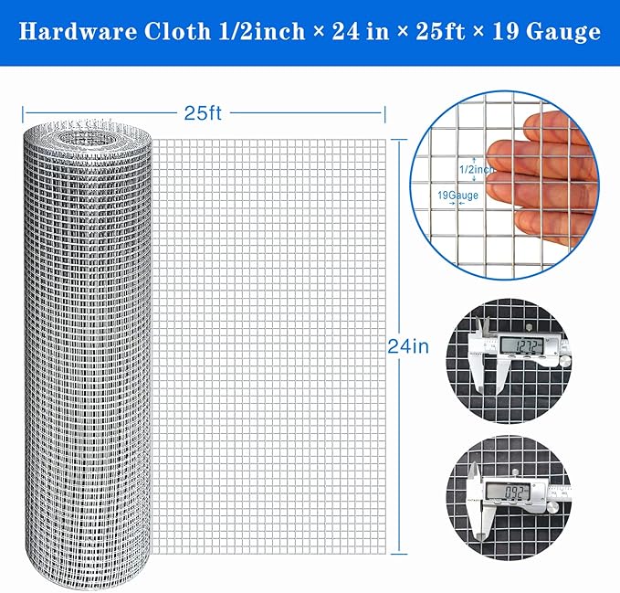 Hardware Cloth 1/2 inch 24 x25 ft 19 Gauge Chicken Wire Fencing Hot-Dip Galvanized Wire Mesh, Welded Cage Wire Rolls Great for Animal Enclosure Chicken Coop Flower Beds Rabbits Wire Fencing