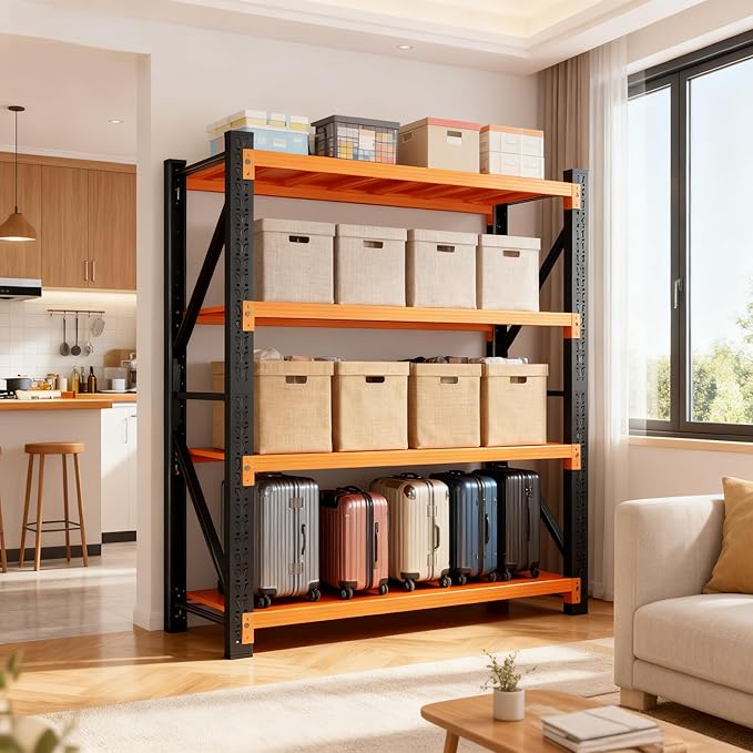 4-Tier Storage Shelves,79" H Heavy-Duty Garage Shelving Unit,Adjustable Metal Industrial Shelf System,4,000lbs Capacity,Tool Organizer for Garage,Workshop,60" W x 20" D x 79" H,Black&Orange