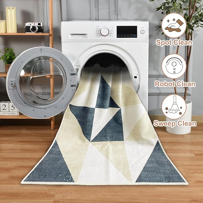 Blue and Gold Washable Geometric Runner for Hallway Bedroom 2x6 Modern Abstract Non Slip Rug Low Pile Indoor Floor