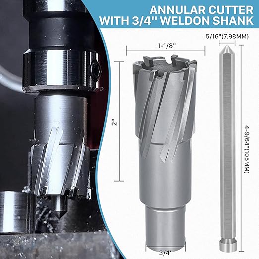 KEENTECH 2-PC Carbide-Tipped Annular Cutter Set, 1-1/8" Dia x 2" Depth, 3/4" Weldon Shank (2 Flat), High Speed Cutting TCT Mag Drill Bit with Pilot Pin for Harder Material