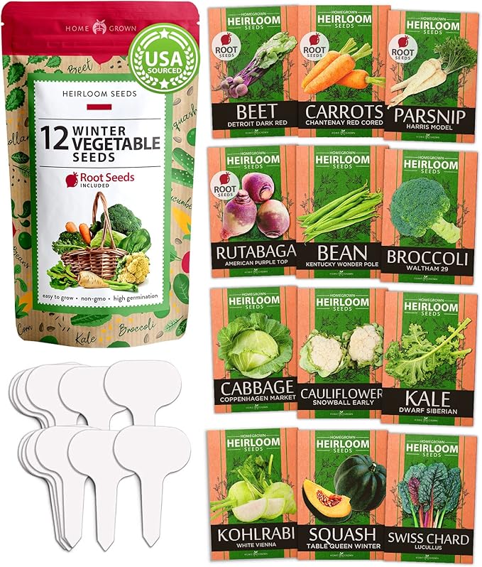 HOME GROWN 12 Winter Vegetable Seeds Heirloom,Fall & Winter Vegetable Seeds for Planting Home Garden: Bean, Beet, Broccoli, Cabbage, Carrot, Cauliflower, Kale,Parsnip,Squash,Chard & More