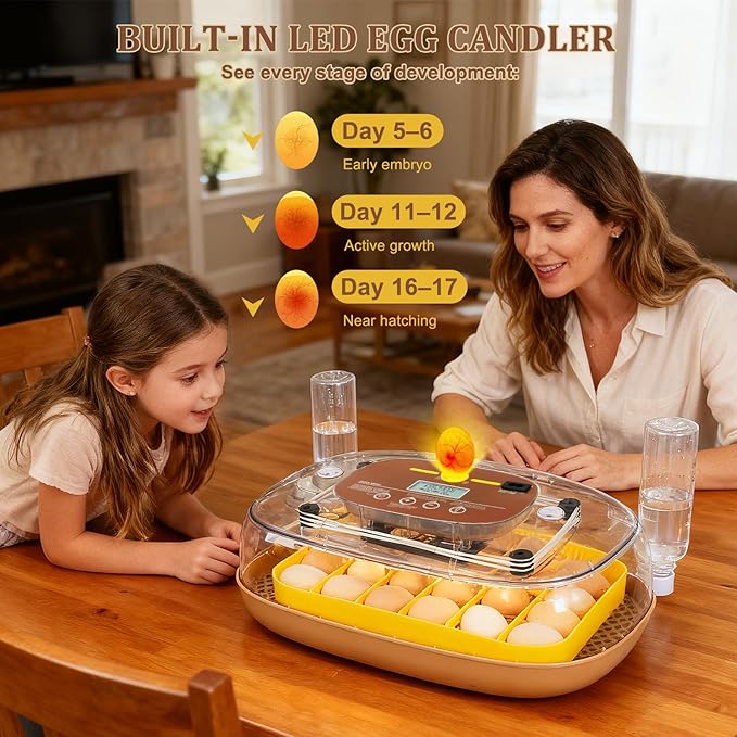 24 Egg Incubator for Hatching with Automatic Turner, Smart Temperature & Humidity Control, 360° Viewing, Egg Candler, Auto Water Refill, Ideal for Chicken, Duck, Quail, Goose-Brown (24 Egg-Brown)