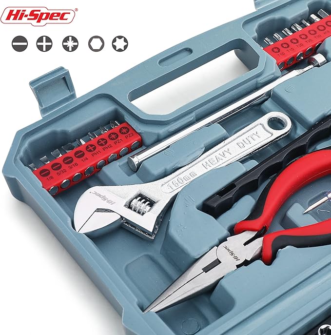 Hi-Spec 65pc Compact Auto Garage Tool Kit Set with Digital Tire Pressure Gauge. Essential Car Vehicle Repair Tools in a Toolbox Case of Screwdrivers, Sockets, Wrench and Magnetic Pickup