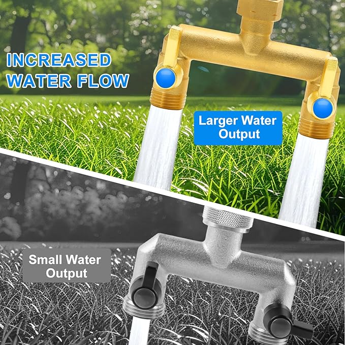 Garden Hose Splitter Full Flow, 2 Way Heavy Duty Outdoor Brass Hose Splitter with Metal Shutoff Valve and Long Handle Outdoor Faucet Diverter, 3/4" GHT Threads，Water Flow Increase