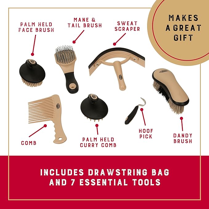 Weaver Leather Horse Grooming Kit, 7-piece Brush Set with Organizer Tote Bag, Equine Care, Horse Track Room Equipment, Grooming Supplies, Insignia
