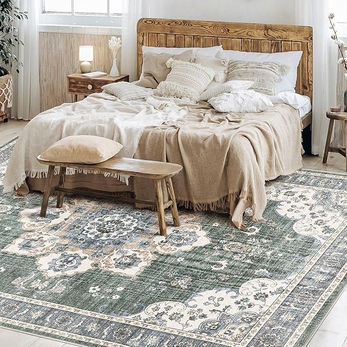 Area Rug for Living Room - 7x9 Soft Washable Oriental Vintage Floral Distressed Large Carpet - Fade Stain Resistant Non Slip Rugs for Bedroom Dining Room Nursery Dorm Office Home Decor - Green