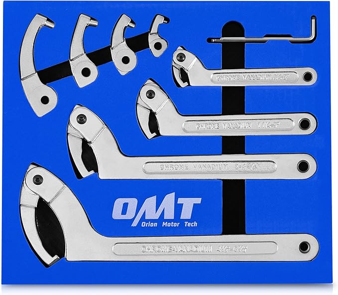 Orion Motor Tech 8pc Adjustable Pin Spanner Wrench Tool Set, Spanner Nut Wrench Tools with Changeable Heads for Pipes Heating Cars, Coilover Hook Wrenches for Suspension System, 3/4" to 6-1/10"
