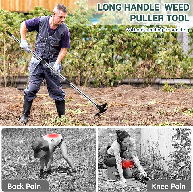 Weed Puller Tool with Long Handle, 11 Tooth Weed Remover Tool, 2 in 1 Weed Rake and Garden Hoe for Weeding, Weeder Tool with Detachable Handle, Uprooting Weeding Tool for Yard, Lawn, Patio,Garden