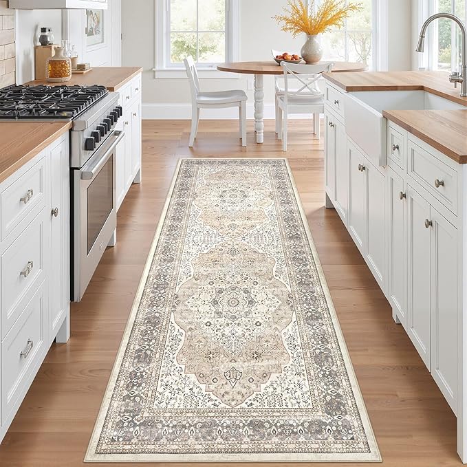 Washable Rug 3x8 Hallway Runner Rug-for Entryway Bedroom Kitchen Room Corridor Decor -Stain & Fade Resistant Non Slip Backing Carpet,Ultra-Thin Vintage Long Carpets(Camel/Beige)