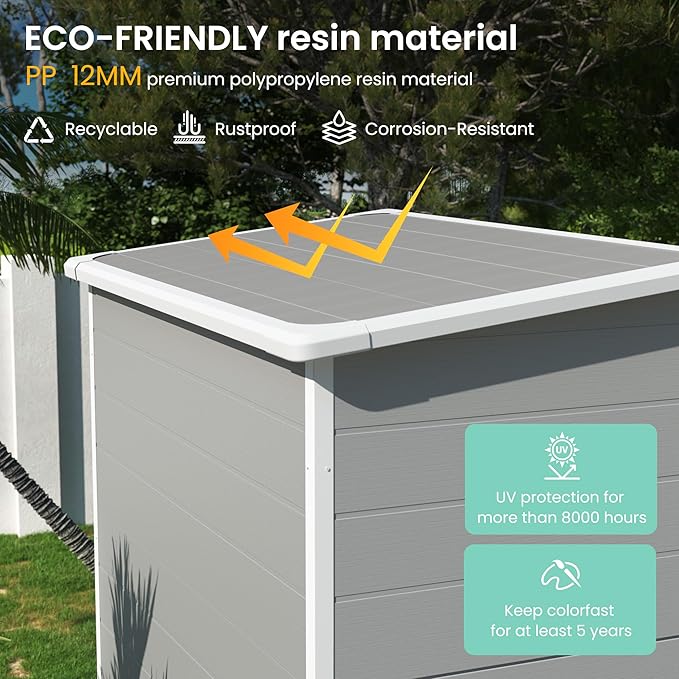 UDPATIO Outdoor Storage Shed 5x3 FT, Plastic Garden Shed for Bike, Garbage Can, Tool, Outside Sheds & Outdoor Resin Shed with Lockable Door for Backyard, Patio, Lawn, Grey & White