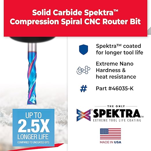 Amana Tool 46035-K CNC SC Spektra Extreme Tool Life Coated Compression Spiral 1/2 D x 2-1/8 CH x 1/2 SHK x 3 Inch Long 2 Flute Router Bit