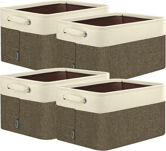 BALEINE 4 Pack Fabric Storage Bins for Shelves, Linen Storage Baskets for Organizing, Decorative Closet Bins for Clothes, Home (Brown, 17''x13''x10.5'')