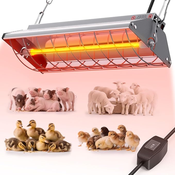 Chicken Coop Heater, Large Infrared Heat Lamp for Poultry, Livestock & Pets, Safe Chicken Brooder Heat Lamp, 2 Levels, 150-300W, Instant & Even Heating, Low Light, Adjustable Height, Silver