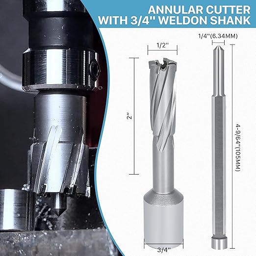 KEENTECH 2-PC Carbide-Tipped Annular Cutter Set, 1/2" Dia x 2" Depth, 3/4" Weldon Shank (2 Flat), High Speed Cutting TCT Mag Drill Bit with Pilot Pin for Harder Material