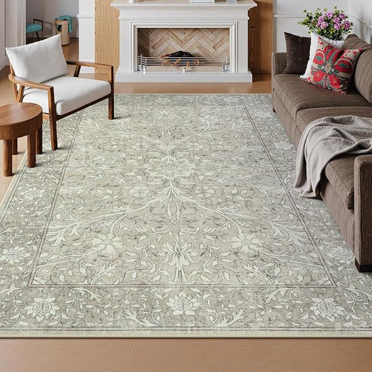 Collive 8x10 Area Rugs for Living Room, Washable Neutral Hand-Painted Floral Bedroom Rug, Vintage Distressed Non Slip Low Pile Large Carpet, Soft Retro Dining Room Office Rug, Taupe
