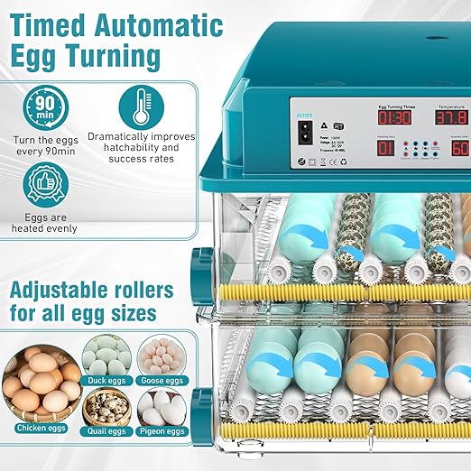 120 Egg Incubator with Humidity Display, Automatic Temperature Control and Egg Turner, Auto Water Replenishment for Hatching Chickens Quail Duck Goose