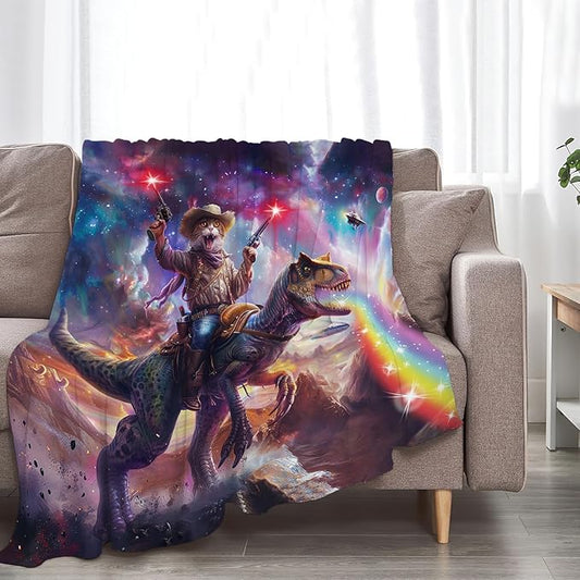 Funny Cat Dinosaur Blanket Galaxy Space Rainbow Decor Throw Blanket Cozy Plush Flannel Fleece Warm Soft Lightweight Fuzzy Blanket Funny Gifts for Boys Girls Teens Women for Bed Sofa Couch 50"X60"