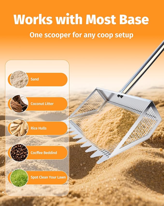 Chicken Poop Scooper and Rake – 2-in-1 Metal Litter Sifter for Chicken Coops, Sand, and Runs with 22–62" Adjustable Handle, Heavy-Duty Cleaning Tool for Chicken and Duck
