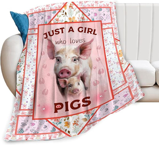 Cute Pig Blanket Just A Girl Who Loves Pigs Throw Blanket Ultra Soft Cozy Fleece Flower Animal Gift Fuzzy Plush Bedding Blankets for Kids Teens Adults Girls Boys Women Men 80"x60"