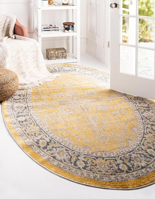 Unique Loom Baracoa Collection Area Rug - Prado (7' 10" x 10' Oval, Yellow/ Ivory)