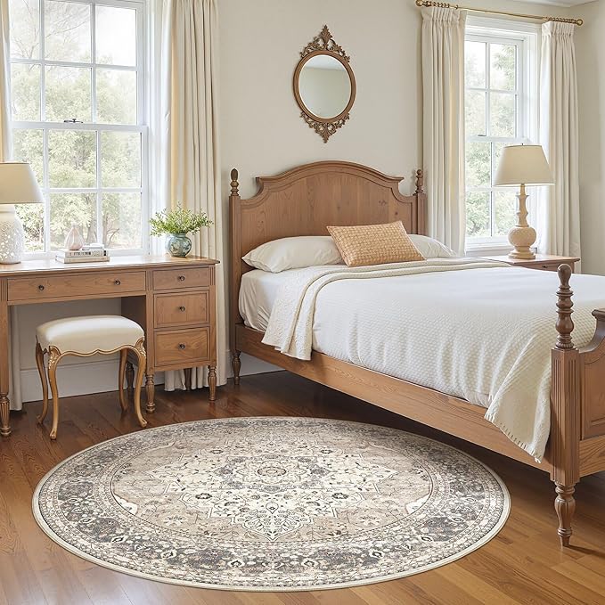 Washable 5 Ft Round Area Rug - 5x5 Area Rugs for Living Room Bedroom Dining Room Home Office Floor Decor- Vintage Floral Stain & Fade Resistant Non-Slip Backing Carpet (Camel/Beige)