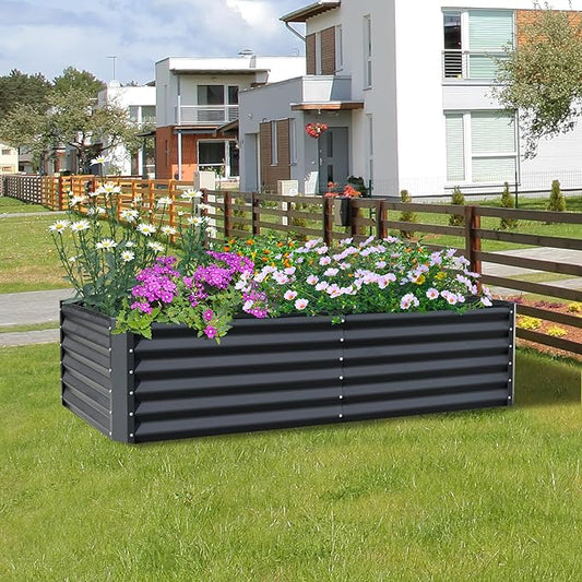 Domi 6x3x1.5ft Metal Raised Garden Beds Outdoor, Thickened Galvanized Steel Deep Root Planter Box with Stabilizing Bars & Rubber Edging for Vegetables, Flowers, Herbs - Dark Gray