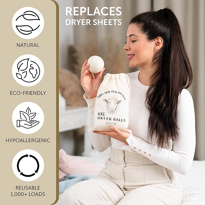 XL Wool Dryer Balls 6-Pack – 100% New Zealand Wool, Natural Fabric Softener & Static Reducer, Reusable Laundry Balls for Pet Hair, Eco-Friendly Dryer Sheets Alternative