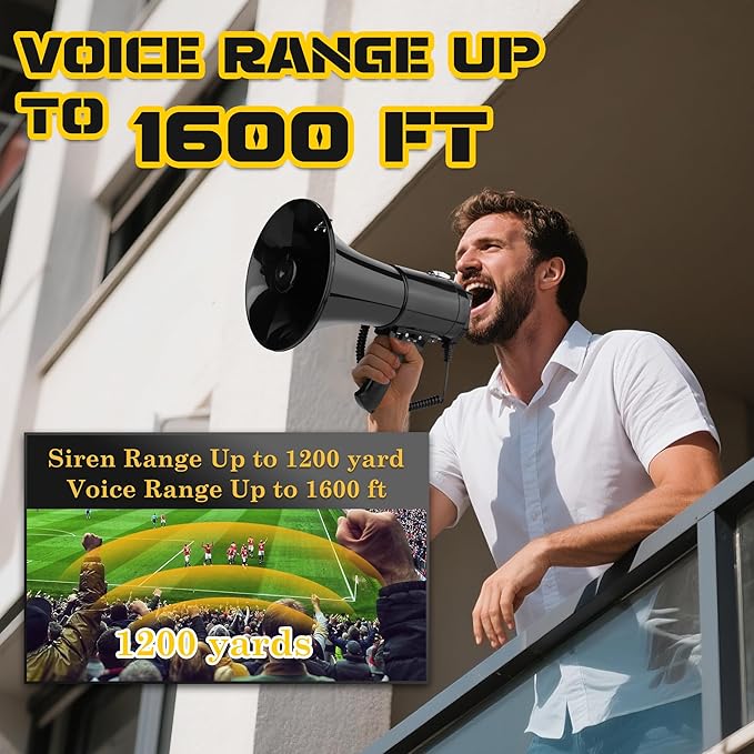 50W Bluetooth Megaphone Bullhorn with Rechargeable Battery-Professional Mega Phone with Siren&240s Recording Supports USB/TF/3.5mm Aux Input-1600 Feet Range for Sports Emergency Outdoor Activities