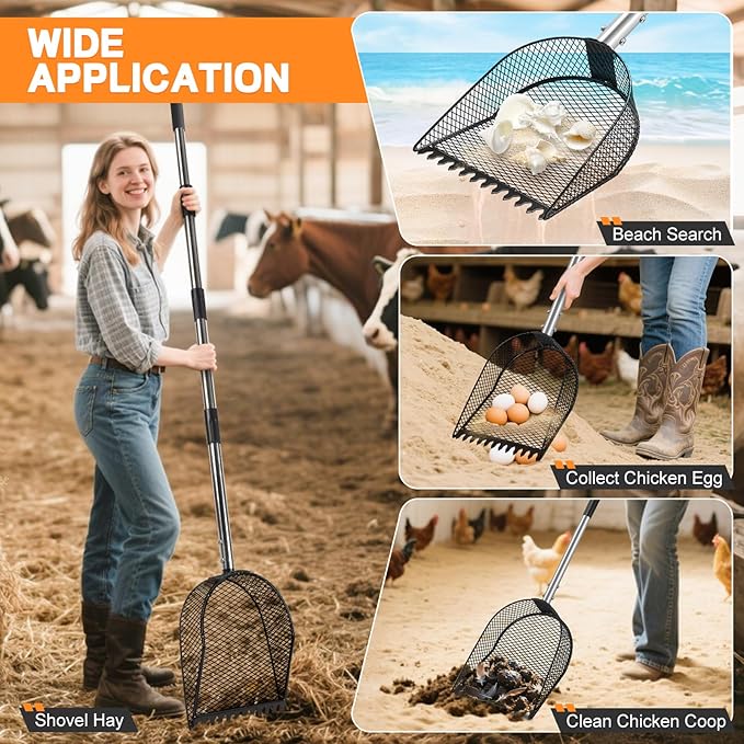 Metal Chicken Poop Scooper and Rake 2-in-1, Poop Chicken Scoop Sand with Stainless Steel Handle (43-73" Adjustable), Sifter Shovel Chicken Coop Sand Rake for Chicken Coops & Farm Animals