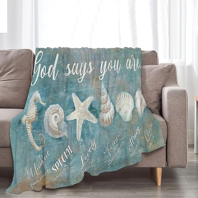 Tijuboni Ocean Seashells Throw Blanket - God Says You are - Beach Nautical Gifts for Women Men Girls Boys Kids Adults Soft Flannel Fleece Blanket for Couch Sofa Bed Home Decor 40"x50"