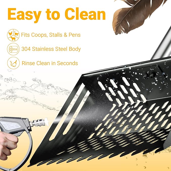 Pugala 5-in-1 Large Chicken Poop Scooper & Rake – 24" to 68" Long Adjustable Stainless Steel Handle, 10" Wide Metal Sifting Shovel Head – Heavy Duty Chicken Coop Cleaning Tool for Litter & Sand,Black