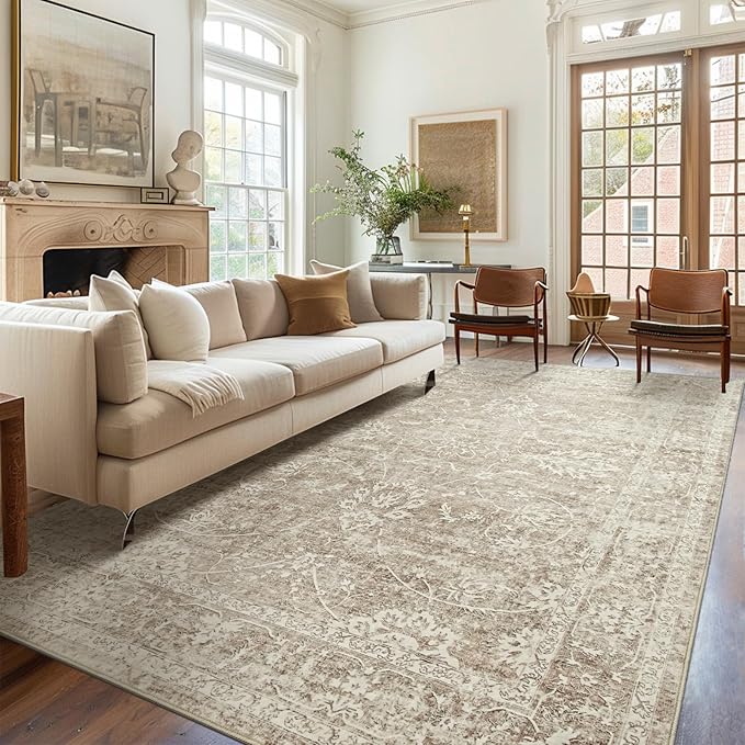 Madane 5x7 Area Rugs for Living Room, Washable Vintage Natural Rug with Non-Slip Backing, Soft Floral Print Throw Rugs Floor Low Pile Carpet for Bedroom Dining Room Farmhouse (5 x 7, Brown/Sand)