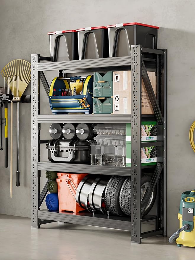 4-Tier Storage Shelves,79" H Heavy-Duty Garage Shelving Unit,Adjustable Industrial Metal Shelf System,4,000lbs Capacity,Tool Organizer for Garage,Workshop,48" W*20" D*79" H,Black