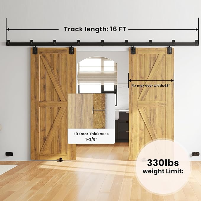 SMARTSTANDARD 16FT Box Rail Hardware - Exterior Barn Door Hardware Kit,Sliding Barn Door Hardware,Heavy Duty Wall Mount Kit,Fit Indoor and Exterior Door,Easy to Install(Widest to 96" Wide Door)