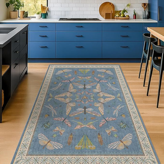 Insect 3x5 Washable Stain Resistant Rugs for Large Kitchen, Ultra Soft Faux Wool Rugs for Kids Bedroom Beside Bed, Non Slip Entry Rug, Low Pile Fade Resistant, Dusty Blue