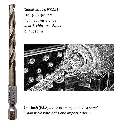 NordWolf 14-Piece Metric Cobalt Drill Bit Set for Stainless Steel & Hard Metals, with 1/4" Hex Shank for Quick Chucks & Impact Drivers, Sizes 1.5mm to 6.5mm in Storage Case