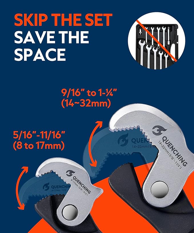 2-Piece Self-Adjusting Crowfoot Wrench Set, 7.5" (5/16"–11/16", 8–17mm) & 9.5" (9/16"–1-1/4", 14–32mm), Rust Resistant Power Grip, Space-Saving Tool for Car & Home Repairs
