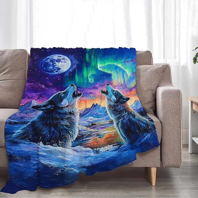 Wolf Throw Blanket Wolves Animal Gifts for Girls Women Men Boys Plush Cozy Flannel Fleece Fuzzy Landscape Blankets Decor 50"X40"