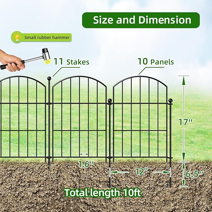 Metal Garden Fence 17in (H) x 10ft (L), 10 Panels + 11 Stakes Dog Fence Border Fence Animal Barrier, No Dig Garden Fencing for Yard Flower Bed Patio Outdoor, CTW1710 Black