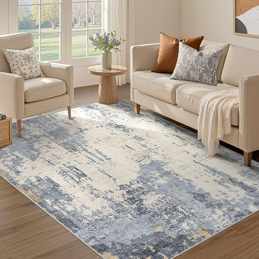 4x6 Area Rug Living Room Rugs - Washable Neutral Modern Abstract Soft Thin Rug Indoor Floor No Slip Rug Carpet for Bedroom Under Dining Table Home Office Decor - Blue/Light Brown