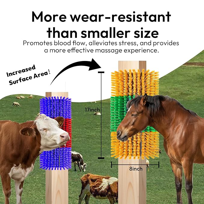Livestock Scratching Brush 2-Pack — Cattle Horse Goat Pig Sheep Grooming Post with 16 Screws, Weather-Resistant Barn Fence Mount