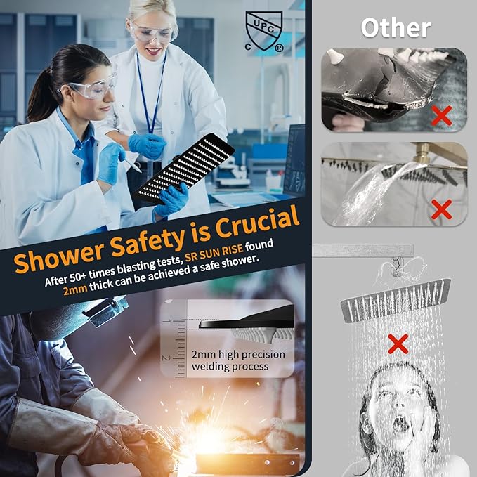 SR SUN RISE Black Square Rainfall Shower Head and Handle Set, Wall Mounted Shower Fixtures, Metal Shower Faucet Trim Repair Kits (With Shower Valve)